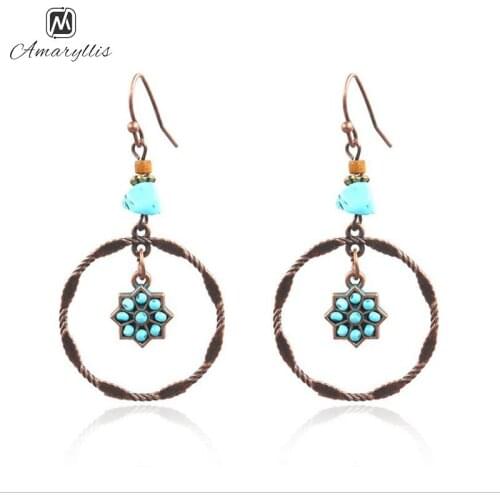 Amaiyllis Bohemia Stone Beads Statement Dangle Earrings For Women Ethnic Round Circle Geo Pendant Drop Earrings Retro Brincos