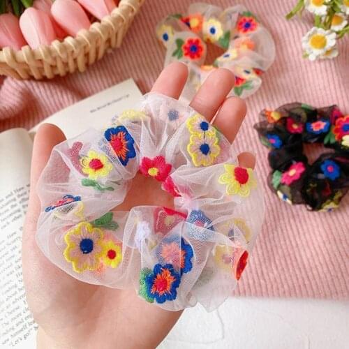 Girl Tulle Hair Rope Embroidery Flower Elastic Rubber Band Ponytail Headwear Headdress