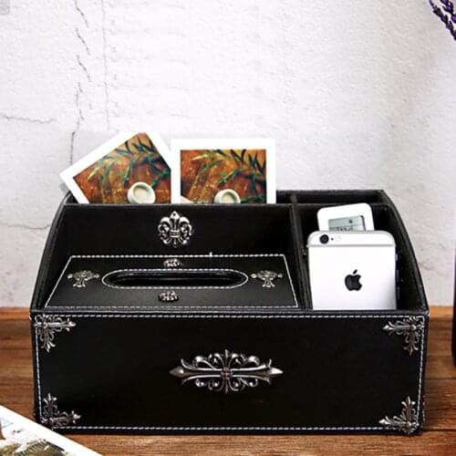 Vintage European style black leather storage box Creative multifunctional desktop tissue storage box
