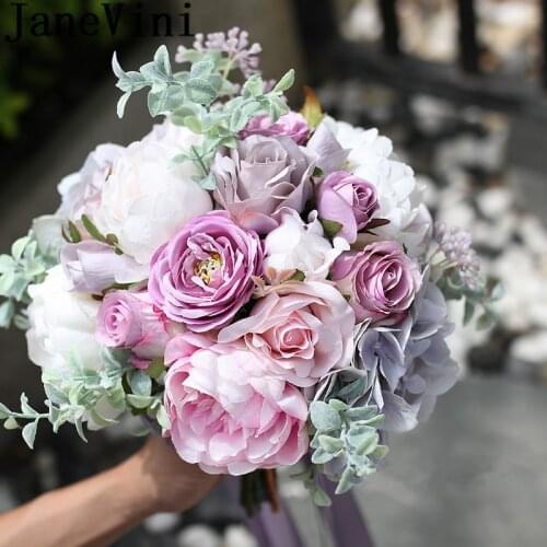 JaneVini Ins Vintage Wedding Flower Bouquet Purple Rose Fleur Artificial Bridesmaids Bridal Bouquets Bride Peony Bouquet Mariee