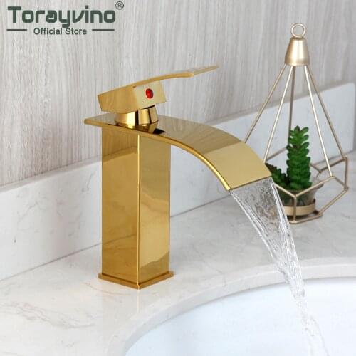 Torayvino Waterfall Spout Bathroom Faucet Gold Deck Mounted Basin Sink Single Handle Faucet Washbasin Hot And Cold Water Tap