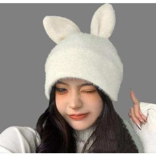 New Women Cute Bunny Hat High Quality Add Fur Lined Loosely Ears Winter Hat Stylish Wool Knitted Beanie Hats For Women Warm Cap