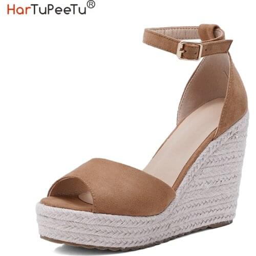 2021 Summer Women Wedges Shoes Size 34~43 Bohemian Flock Sandals Buckle Strap Solid Casual Platform Chunky Heels Hemp Footwear