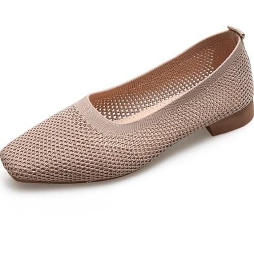 Soft Bottom Flat Shoes Women Spring and Summer New Square Toe Knitted Breathable Black Woven Shoes