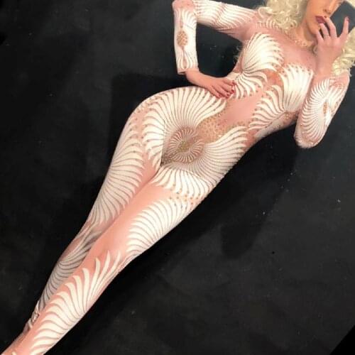 White Feather Print Drag Queen Costumes Jumpsuit Rhinestone Bodysuit Sparkly Women Outfit Diamonds Bodysuit Birthday Party Wear