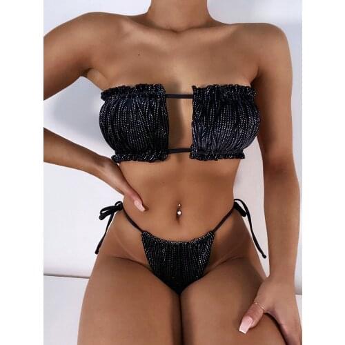 Women Sexy Pleated Hollow Strapless Ribbed Tie Backless Ruffle Cutout Bandeau Bikini Set Swimsuit Black