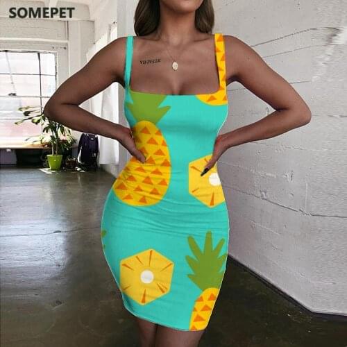 SOMEPET Pineapple Dresses Women Fruit Sundress Harajuku Bodycon Dress Lovely Halter Sleeveless Womens Clothing Party Vintage