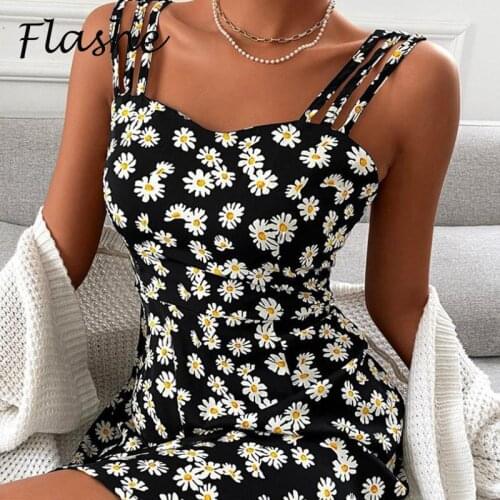 Sexy Mini Dress Women Sleeveless Sunflower Print Party Dresses For Women A Line Slim Fit High Waist Sleeveless Casual Dress 2021