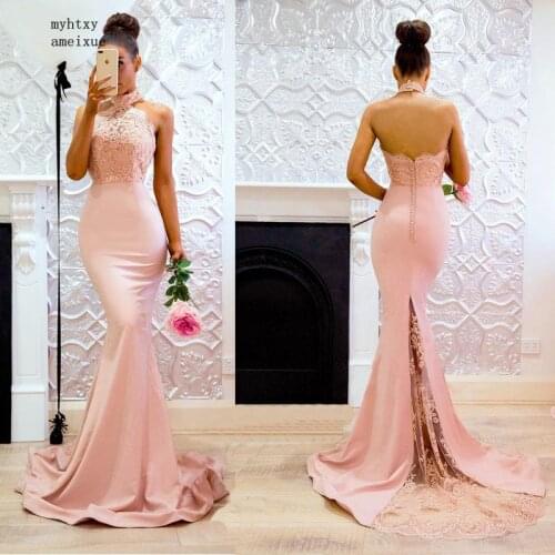 Robe De Soiree Pink Mermaid Evening Sexy Dresses Long 2020 Halter Hollow Sexy Backless Customizable Women Evening Gowns Cheap