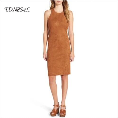 Summer Women Faux Suede Leather Midi Dress Vintage Tan Sleeveless Bodycon Pencil Dress Office Lady Fashion Party 2020 New Custom