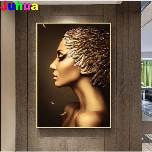 Golden Makeup Women full drill 5d Diy Diamond Painting full drill feather girl Diamond Embroidery diamond Stitch Mosaic decor