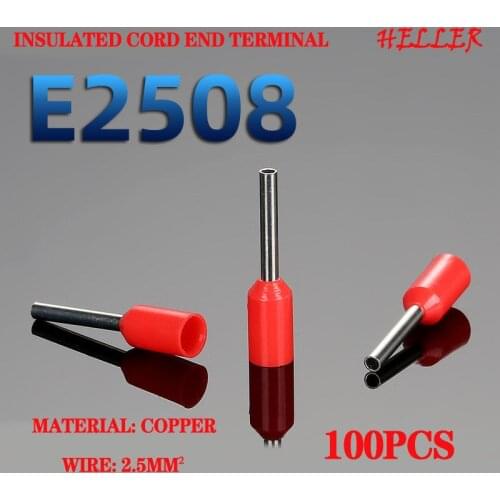100pcs E2508 tubular insulated cord end terminal EV2.5 square cold-pressed insulated terminal European 1-wire VE crimping EV-8