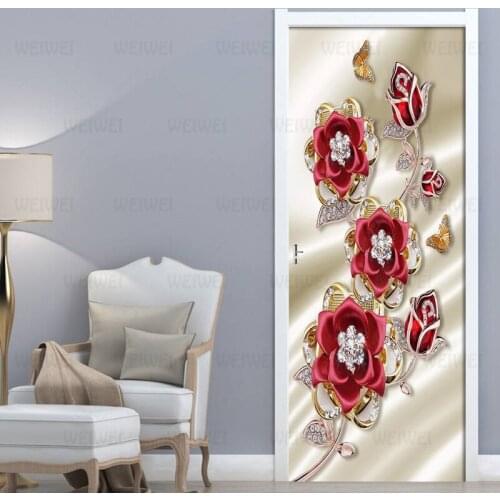 2Pcs/Set 3d Sterling Jewelry Red Flower Wall Door Sticker Self-adhesive Waterproof 3D Wallpaper Decals Decor Door Wall Stickers