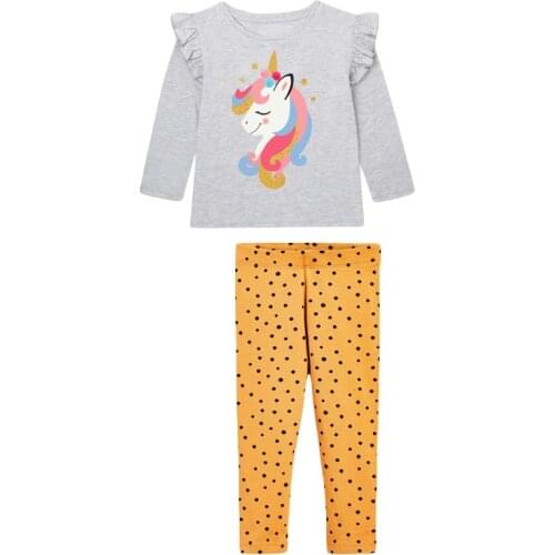 Kids 2021 Autumn Children Unicorn Print Set Animal Long Sleeve Tops + Black Dot Yellow Pants Fall Clothes for Toddler Girls