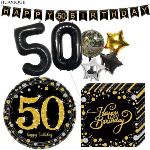 50 Year old Adult Birthday Tableware Happy Brithday Banner Bountting 50th Golden glitter Paper plates cups tablecloths Decor