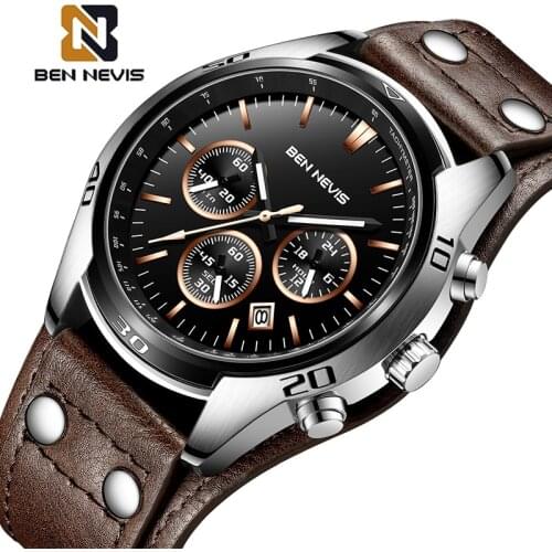 BENNEVIS Fashion Mens Watches Waterproof Top Brand Luxury Calendar Male Watch men Leather Sport Military Wristwatch Dropship