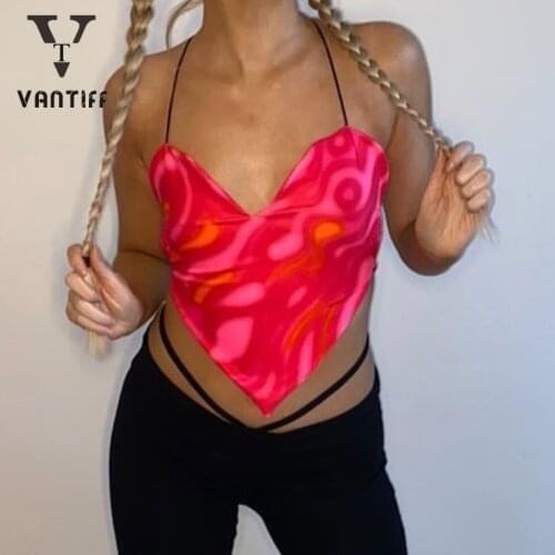 Bodycon Crop Tops Gothic Harajuku Zipper Summer Love Print Red V-neck Tie Waistcoat Womens Backless Square Scarf Sling