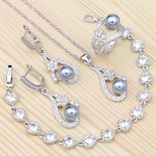 Flowers White Crystal Gray Pearls 925 Sterling Silver Jewelry Set For Women Bracelet/Earrings/Ring/Pendant/Necklace