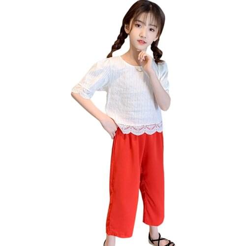 Children Clothes Lace Tshirt + Pants Tracksuits For Girls Casual Clothes For Teenage Girls Summer Kid Clothes 6 8 10 12 14