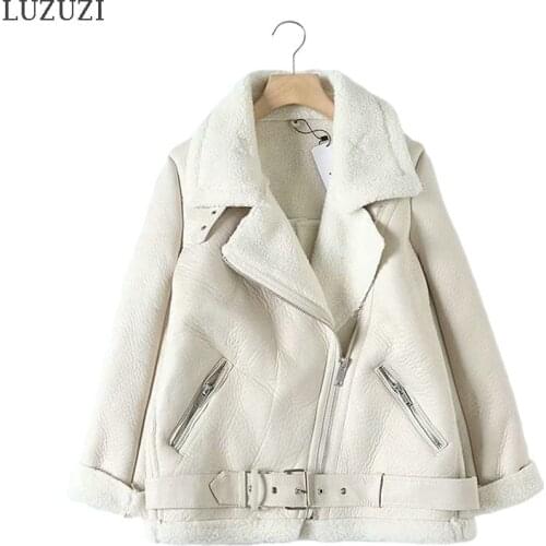LUZUZI Beige womens winter sheepskin coat fur faux leather jacket turn down collar Ladies Winter Thick Warm Oversized Jacket