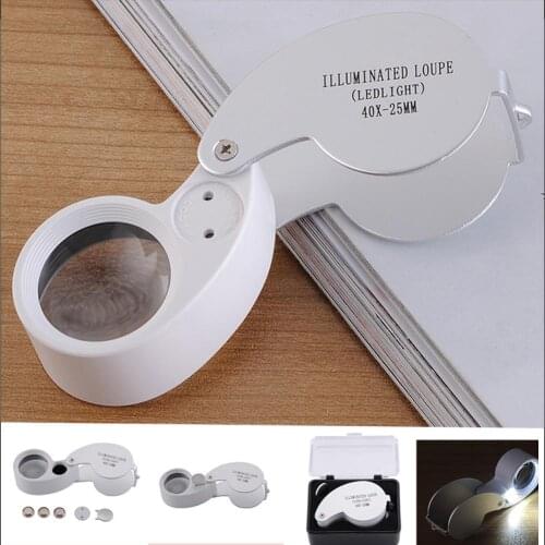 Mini 40X Jewelers Magnifier Foldable Loupe Jewelry Store Portable Silver LED Lights Jeweler Loupe Folding Magnifier