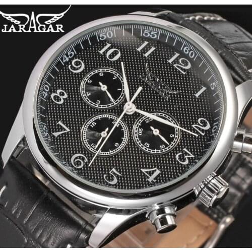 Luxury Top Brand JARAGAR Automatic Mechanical Sport Thin Case Dial Watches Calendar Week Real Leather Band Male Wristwatches