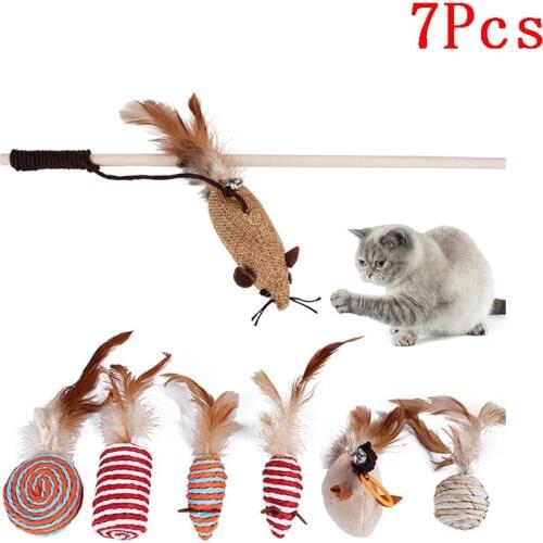 7pcs Cat Toys Ball Pet Cat Toy Set Feather Katten Sisal Teaser Wand Catnip Speelgoed Yuko Cat Toy Box Set Pet Supplies
