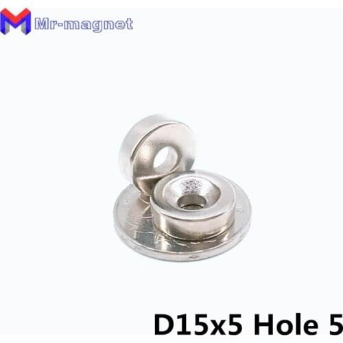 High quality 50pcs D15mmx5mm Hole dia 5mm cheap strong hole neodymium magnets with nickle coating 15x5-5 magnet