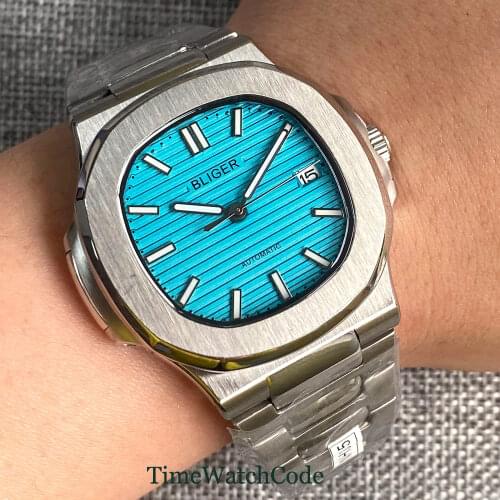 Japan Miyota 8215 Movement Sapphire Square Automatic Mens Watch Date lume Index Blue Face Bliger 40mm 316L Bracelet Brushed
