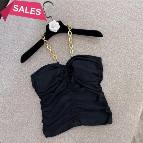 2021 new net celebrity with the same style inside and outside wearing western style folds gold chain hanging neck tube top shirt