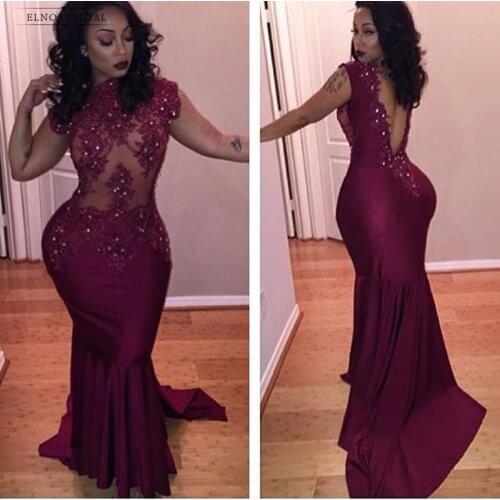 African Burgundy Mermaid Prom Dresses 2021 Sexy Backless Robe De Bal Black Girls Special Occasion Dress Formal Evening Gowns