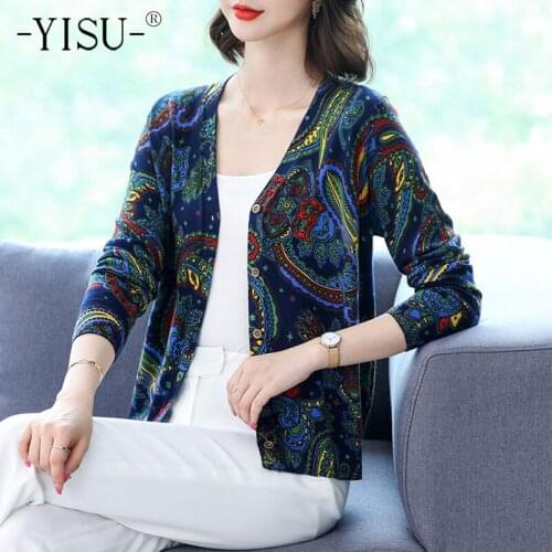 YISU Casual Sweater Cardigan Women soft Cardigan Long Sleeve V neck Single breasted Printed sweater cardigan Autumn Sweater Coa