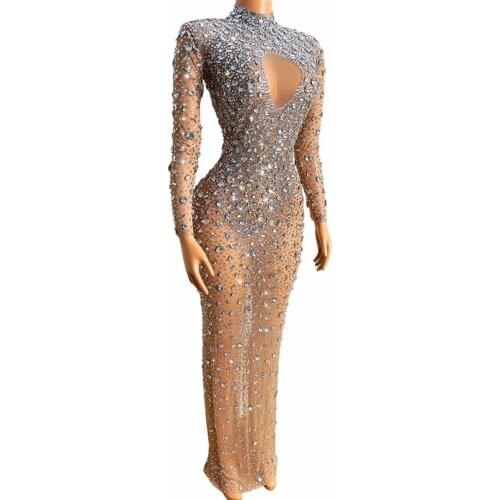 Crystals Stones Sexy Transparent Long Party Dress Evening Birthday Celebrate Mesh Stretch Dance Long Sleeves Dress