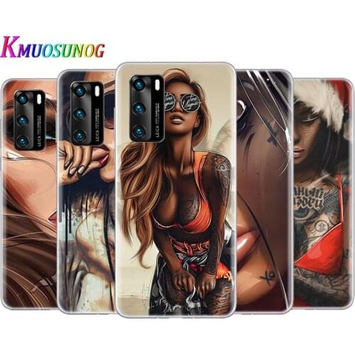 Transparent Cover Sexy Sleeve Tattoo Girl For Huawei P40 Lite E P30 P20 P10 P9 P8 Pro Plus Lite mini 2019 Phone Case