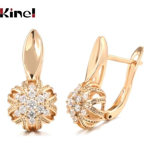 Kinel Luxury Natural Zircon Wedding Stud Earrings Hollow Flowers Beautiful Earrings For Women 585 Rose Gold Engagement Jewelry