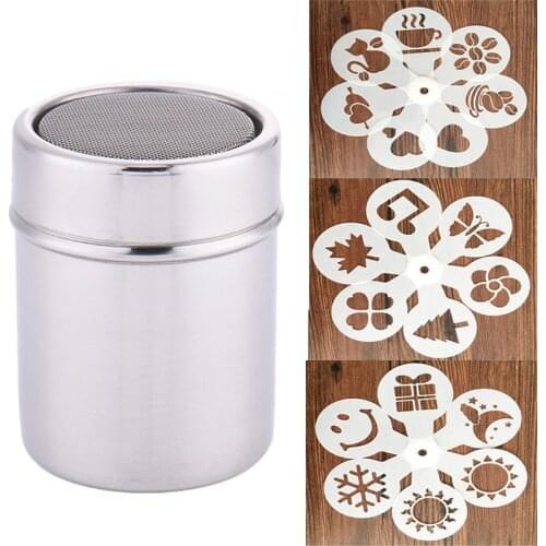 Stainless Steel Chocolate Shaker Cocoa Flour Coffee Sifter + 19Pcs Coffee Stencils Template Strew Pad Duster Spray Set