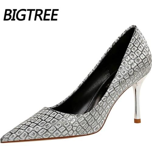 Bigtree Shoes Basic Women Pumps Bling Party Shoes Women Wedding Shoes Shallow Pointed Toe Stiletto Silver High Heels Dress Shoes