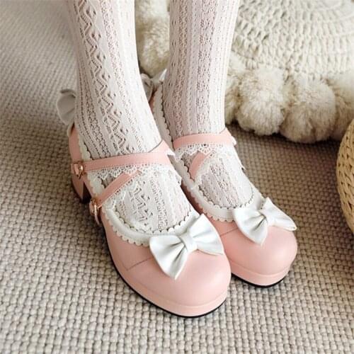 PXELENA Bowknot Japanese JK LO Girls Princess Lolita Mary Janes Shoes Women Dress Party Cosplay Uniform Pumps White Pink 34-43