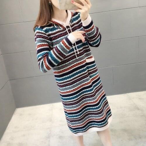 Knitted Sweater Dress women 2020 National style retro Stripe Winter Warm Charm Women Long Dress Knit Drawstring Dress
