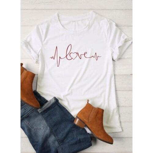 Women Valentines Gift Tee Love Graphic Casual Shirt Art Tees Tops Love Heartbeat T-shirt Female Valentines Day Shirts
