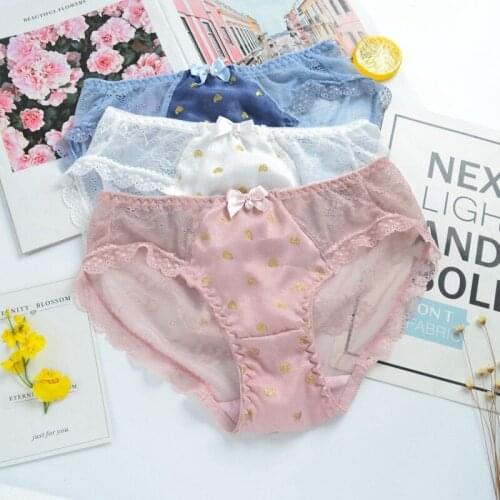 New Sexy Hollow Lace Bow Knot Women Underwear Transparent Ruffle Middle Waist Heart Print Female Panties Cute Breifs Lingerie