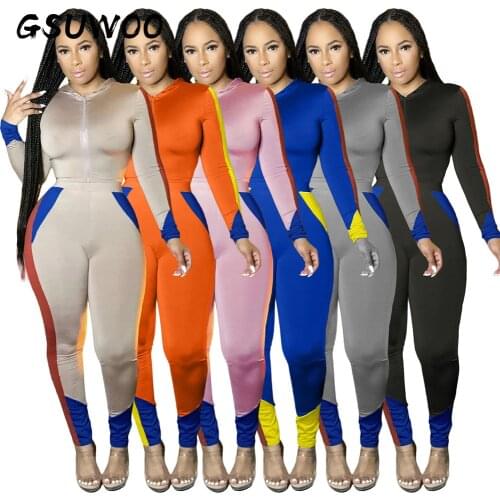 GSUWOO Womens Patchwork Two-piece Tracksuit Stitching Striped Casual Sports Suit Long Sleeve Hooded Coat and Sweatpants Outfits
