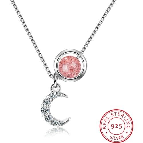 Natural Strawberry Crystal Pink Bead Moon Pendant Necklace 925 Sterling Silver Fine Jewelry For Women Festival Gifts S-N486