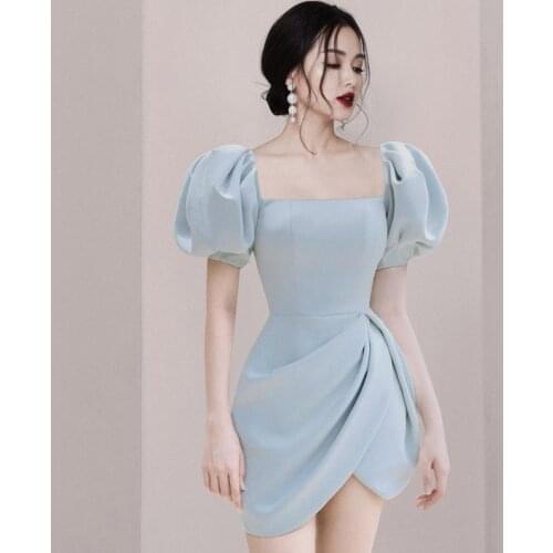 Elegant Square Collar Summer Runway Dress Women Puff Sleeve Pleated Mini Dress Office Lady High Waist Korean Party Dress B876