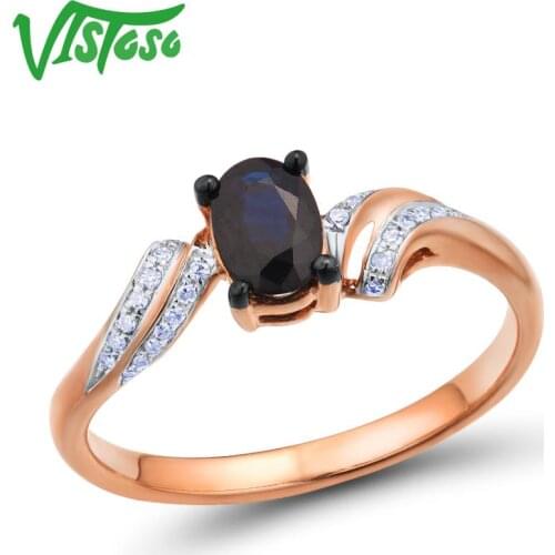VISTOSO Gold Rings For Women Genuine 14K 585 Rose Gold Ring Sparkling Diamond Oval Blue Sapphire Simple Trendy Fine Jewelry