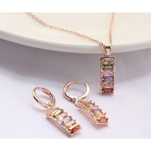ZHOUYANG Strip Jewelry Set For Women Rainbow Crystal Necklace Earrings Rose Gold Color Wedding Jewellery Kpop Accessories KCS198
