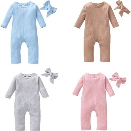 0-24M Infant Baby Girl Boy Knited Romper+Headband Autumn New Solid Long Sleeve O Neck Jumpsuit Playsuit One Piece 2021 New