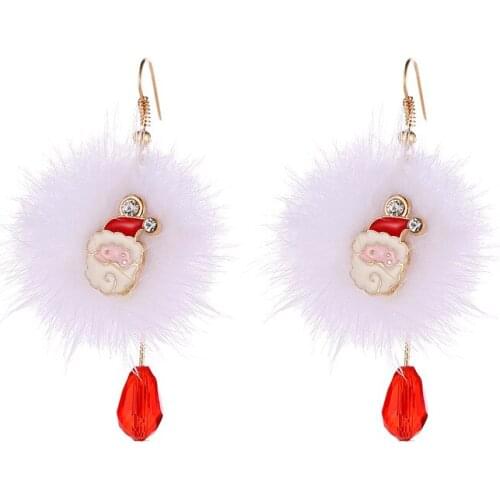 20pairs/lot New Year Gift Santa Claus Plum Deer White Velvet Ball Red Crystal Earring Pendant Long Earrings For Christmas
