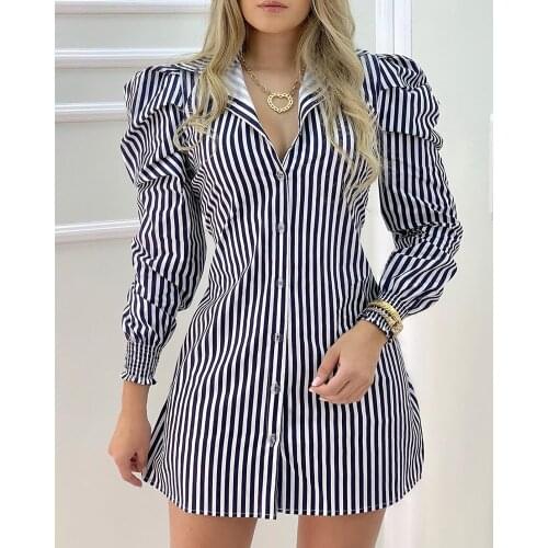 2020 Autumn Spring Turn-down Collar Workwear Women Fashion Striped Button Design Puffed Sleeve Shirt Mini Dress Polkadot Print
