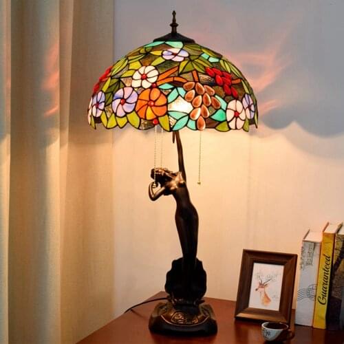 40cm retra grape le table lamp Tiffany stained glass villa living room bedroom bar porch Goddess of girl decorative desk lamps